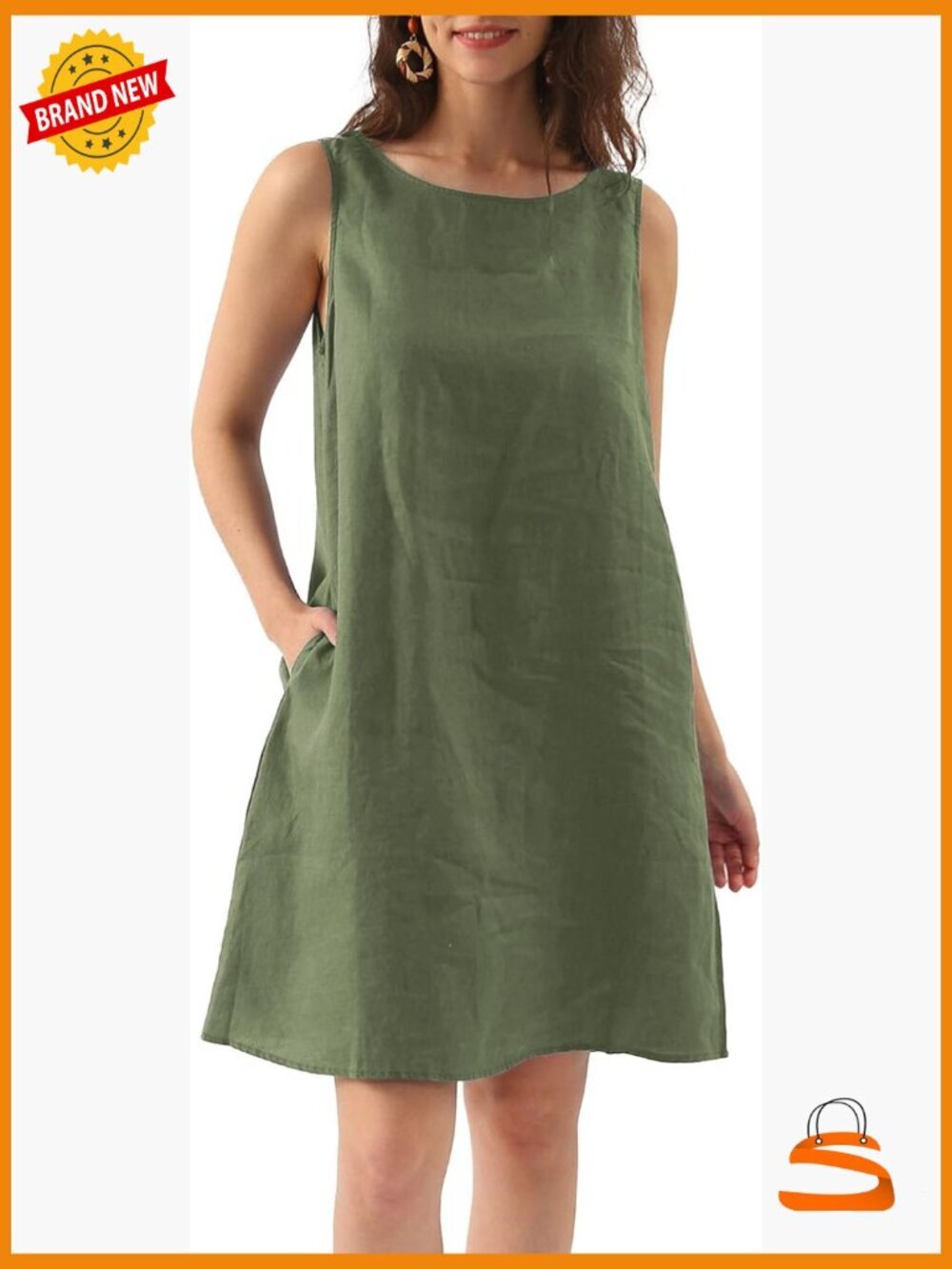 100% Linen Sleeveless Shift Dress with Pockets Crew Neck Casual Tank Dress